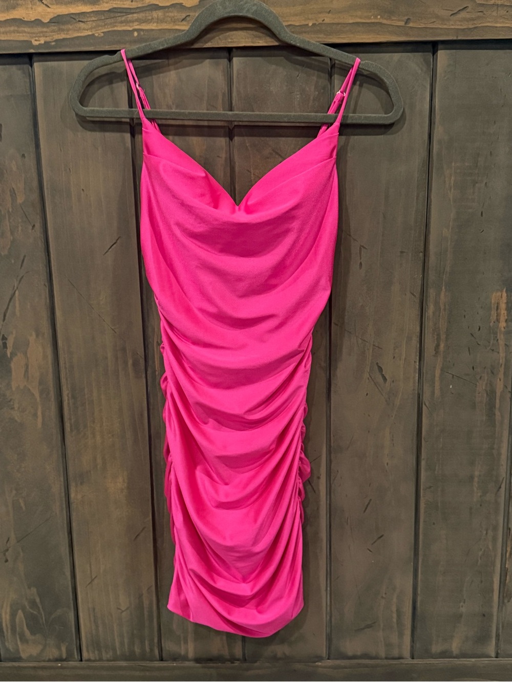 B Darlin Hot Pink Cowl Neck Ruched Midi Slip Dress
